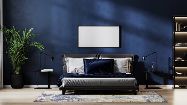 istock horizontal frame mock up in modern bedroom interior background with empty dark blue wall, 3d rendering 1365402686