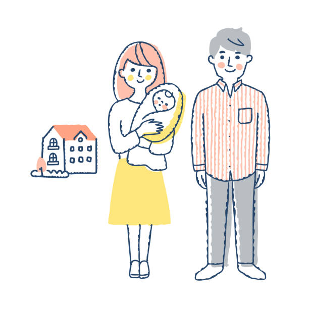 ilustrações, clipart, desenhos animados e ícones de casal jovem e bebê em pé na frente da casa - couple full length embracing white background