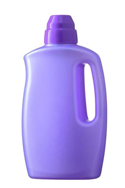istock Purple plastic bottle of detergent or fabric softener, isolated on a white background. Collage layout. Front view 1365406581