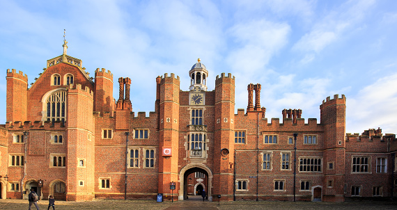 Hampton Court Palace, London, 2022.  Famous for being the residence of Henry VIII and his 6 wives, the palace is run by historic palaces and is a popular tourist attraction. It houses many famous paitings and decor of the time.