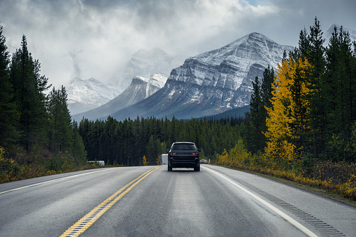 Road trip on highway with rocky mountains in autumn forest at Banff national park, Canada