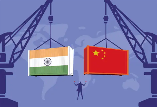 Vector illustration of Business men command the tower crane to lift Chinese containers and Indian containers