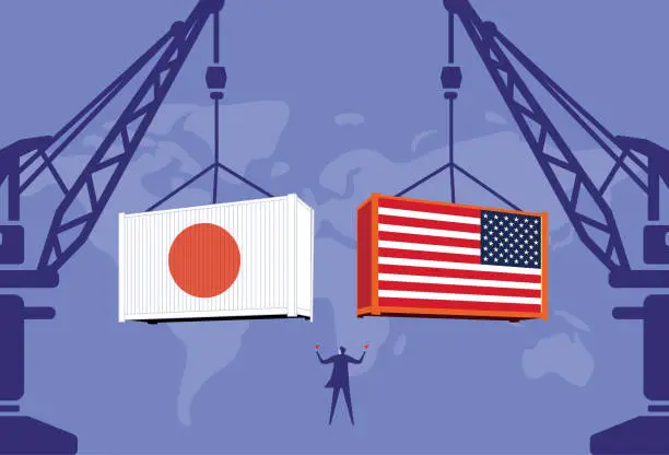 Vector illustration of Business men command the tower crane to lift American containers and Japanese containers