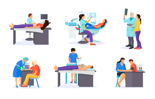 외과 의사, 의사 심장 전문의, 치료사, 치과 의사에서 건강 검진. - ultrasound human pregnancy ultrasound machine medical exam stock illustrations