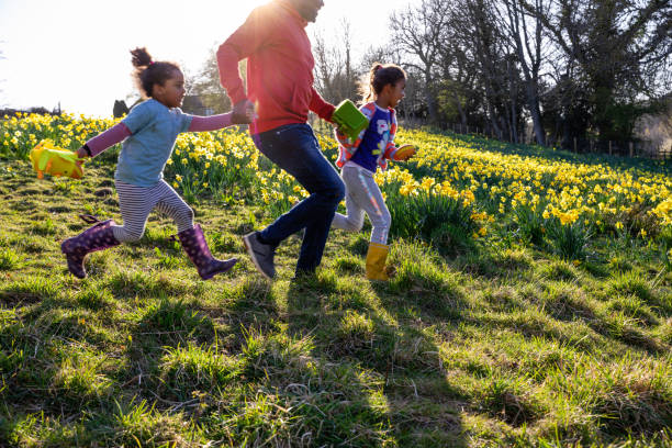 wir werden die ostereiersuche gewinnen! - daffodil easter egg hunt easter easter egg stock-fotos und bilder