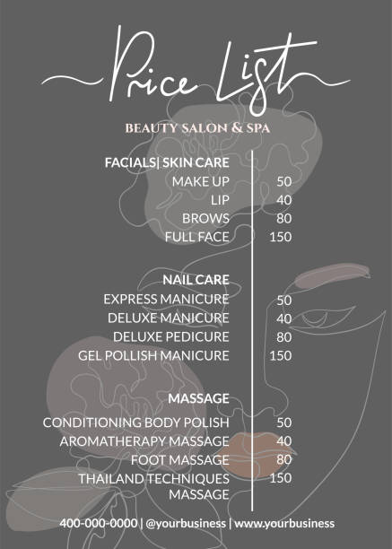 illustrations, cliparts, dessins animés et icônes de liste de prix pour un salon de beauté, un salon de massage ou un nails art. petite entreprise de beauté et de procédures cosmétiques en gris boho - price list