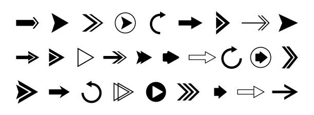 Arrow icons. Vector set of right direction black pointers, cursors, arrows, play buttons vector art illustration