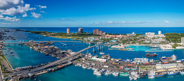 The drone panoramic view of Paradise Island and Nassau port, Bahamas.