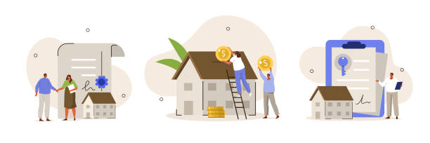 ilustraciones, imágenes clip art, dibujos animados e iconos de stock de conjunto de hipotecas - propiedad inmobiliaria comercial