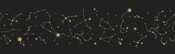 Magic seamless vector border with constellations and stars. Gold decorative ornament. Graphic pattern for astrology, esoteric, tarot, mystic and magic. Luxury elegant design Magic seamless vector border with constellations and stars. Gold decorative ornament. Graphic pattern for astrology, esoteric, tarot, mystic and magic. Luxury elegant design. constellation stock illustrations