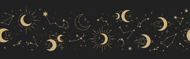 Magic seamless vector border with constellations, moons and stars. Gold decorative ornament. Graphic pattern for astrology, esoteric, tarot, mystic and magic. Luxury elegant design Magic seamless vector border with constellations, moons and stars. Gold decorative ornament. Graphic pattern for astrology, esoteric, tarot, mystic and magic. Luxury elegant design. tattoo symbols stock illustrations