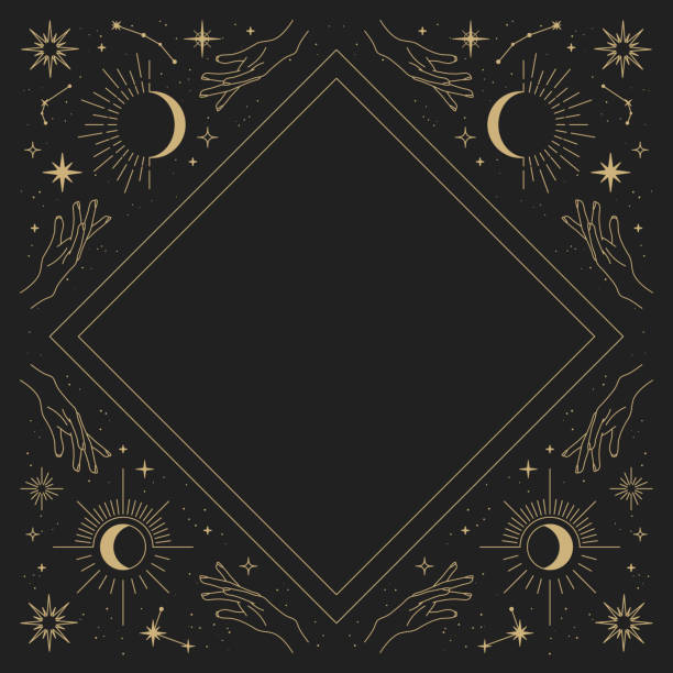 illustrazioni stock, clip art, cartoni animati e icone di tendenza di cornice vettoriale magica con sole, mani, luna, stelle e costellazioni. ornamento elegante in oro. cornice mistica per tarocchi, esoterico, design astrologico. modello per poster e stampe - fortune telling astrology sign astronomy backgrounds