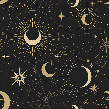 Magic seamless vector pattern with sun, constellations, moons and stars. Gold decorative ornament. Graphic pattern for astrology, esoteric, tarot, mystic and magic. Luxury elegant design