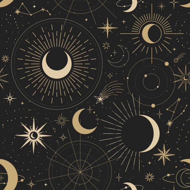 Magic seamless vector pattern with sun, constellations, moons and stars. Gold decorative ornament. Graphic pattern for astrology, esoteric, tarot, mystic and magic. Luxury elegant design Magic seamless vector pattern with sun, constellations, moons and stars. Gold decorative ornament. Graphic pattern for astrology, esoteric, tarot, mystic and magic. Luxury elegant design. tattoo seamless texture stock illustrations
