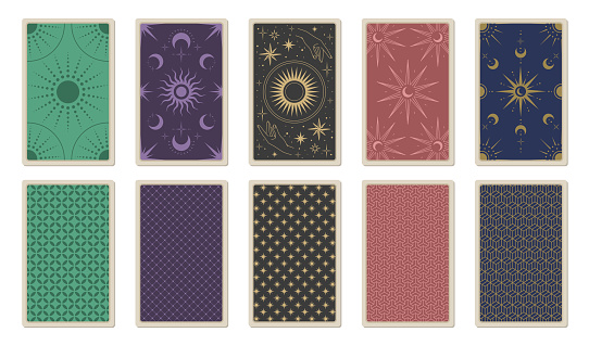 Back of tarot cards. Vector template for card deck with sun, moon, stars, hands, ornament and patterns. Magic and mystic design elements. Cards for astrology and esoteric