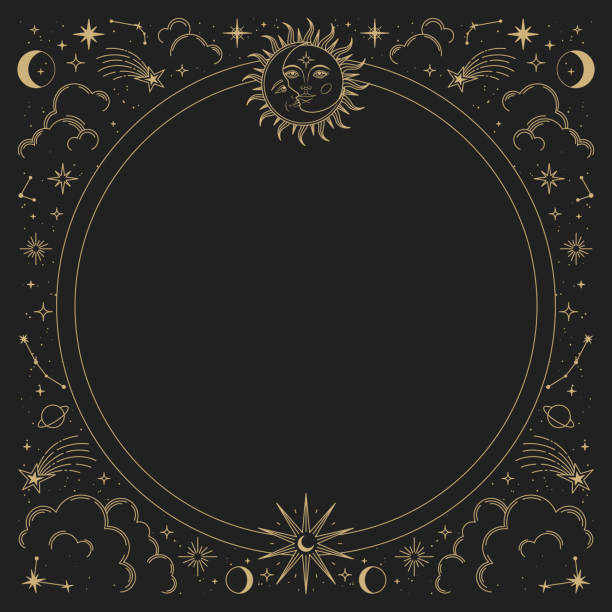 stockillustraties, clipart, cartoons en iconen met magic vector frame with sun, moon, stars and constellations. gold elegant ornament. mystic frame for tarot, esoteric, astrology design. template for poster and prints - astronomie