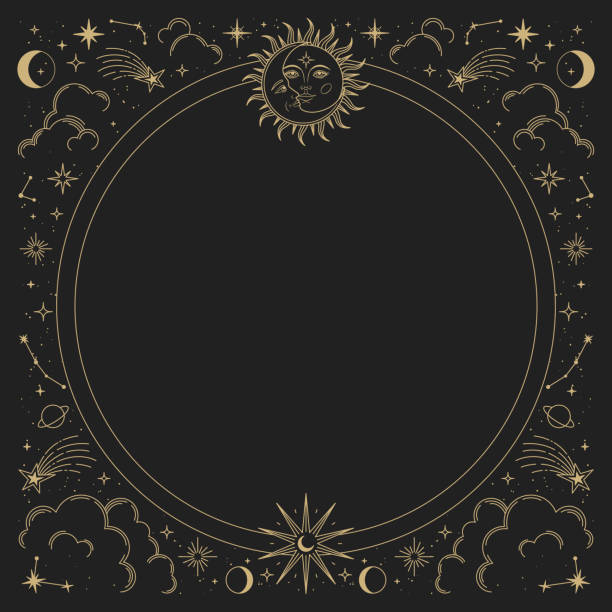 Magic vector frame with sun, moon, stars and constellations. Gold elegant ornament. Mystic frame for tarot, esoteric, astrology design. Template for poster and prints Magic vector frame with sun, moon, stars and constellations. Gold elegant ornament. Mystic frame for tarot, esoteric, astrology design. Template for poster and prints. moon borders stock illustrations