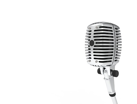 3D rendering 3D illustrationof a classic metal chrome microphone isolated on white background.