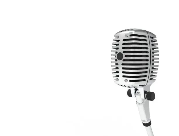 Photo of 3D rendering of a classic metal chrome microphone isolated on white background