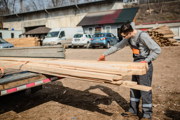 wooden plank/board trailer truck Young man carpenter at the wooden sawmill warehouse is loading with wooden plank/board trailer truck sawmill gravy stock pictures, royalty-free photos & images