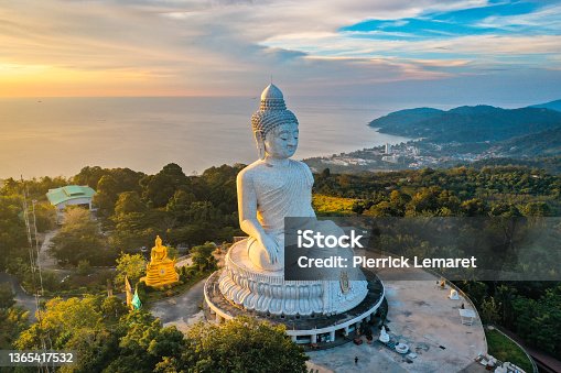 istock Aerial view of Big Buddha viewpoint at sunset in Phuket province, Thailand 1365417532
