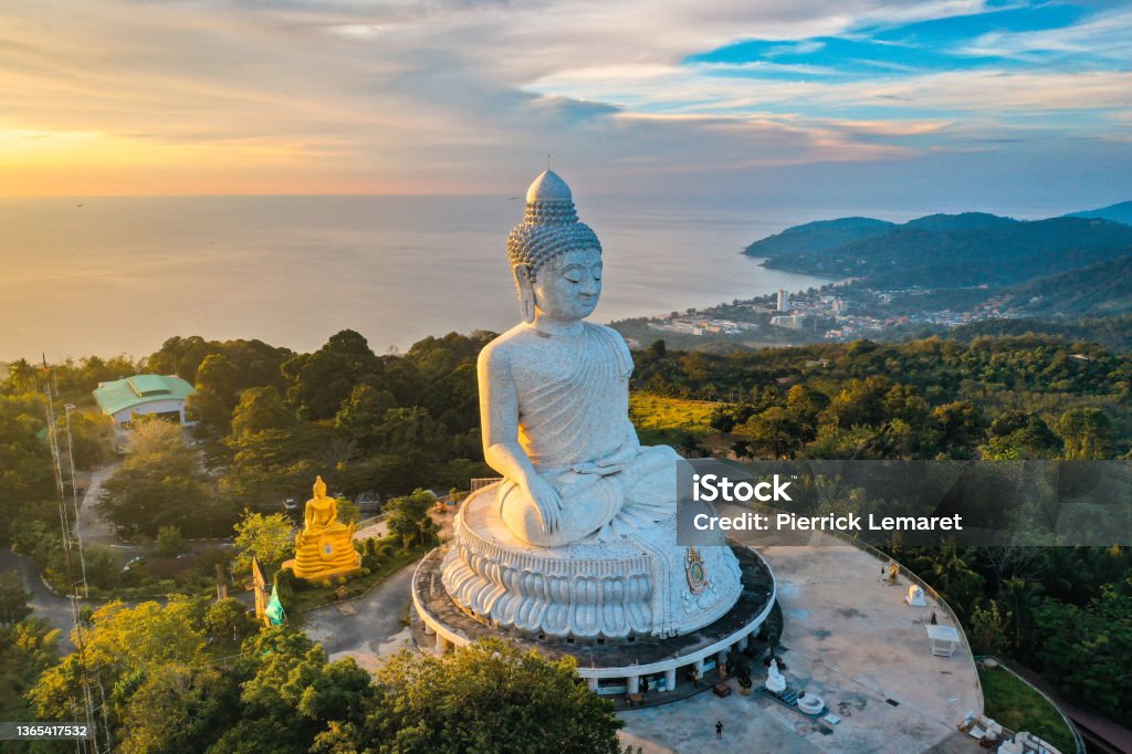 Aerial view of Big Buddha viewpoint at sunset in Phuket province, Thailand Aerial view of Big Buddha viewpoint at sunset in Phuket province, Thailand. High quality 4k footage Phuket Stock Photo