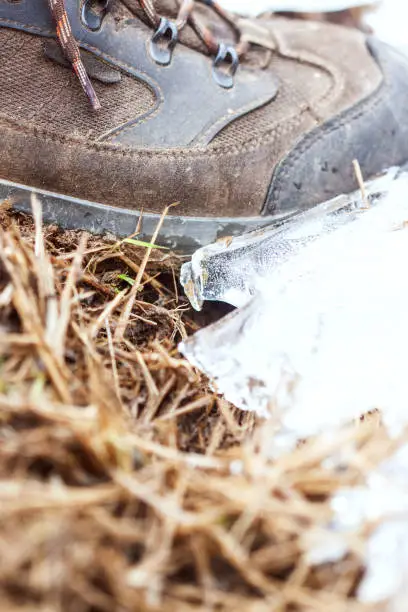 Horizontal, close up of an iced-over puddle that has formed in the dirt track in a forest, situated in the heart of the French, Limousin countryside. Close-up of a hiking boot beside the ice, its patterns, and the straw and mud track