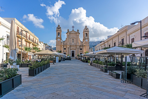 Piazza Duomo in Terrasini, Sicily, Italy. The central square in the town leading to the church of Saint Maria Santissima delle Grazie.