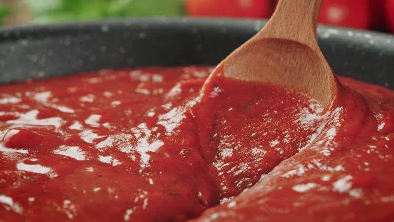 Stirring Boiling Tomato Sauce for Spaghetti or Pizza with Wooden Spoon - Zoom Out