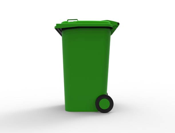 istock 3D rendering of a green consumer trash waste bin container. 1365419612