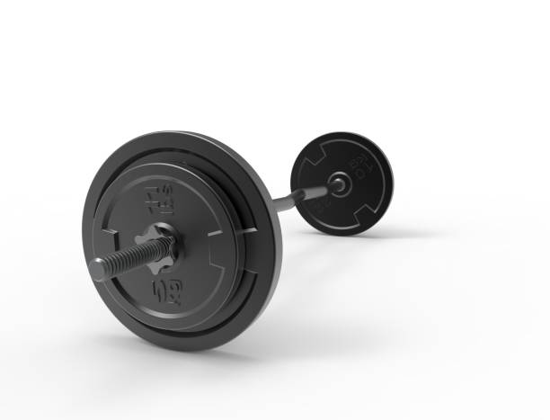 istock 3D rendering of a metal barbell with weights on it isolated in white background. 1365419647