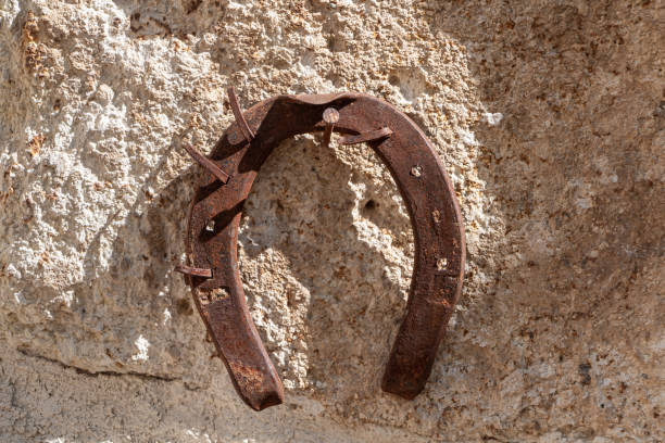istock Beautiful old rusty horseshoe with nails hangs on the orange wall 1365421210