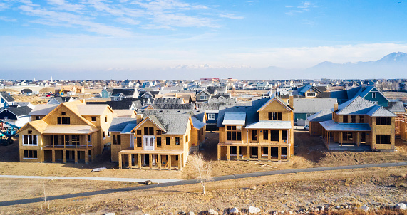 An aerial view of new homes under construction.