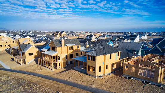 An aerial view of new homes under construction.