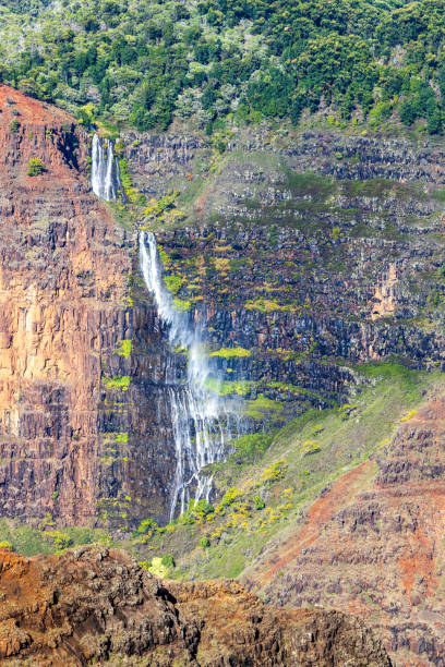 scenic view of waimea canyon and waterfall on a hazy day, kauai island - waimea canyon state park imagens e fotografias de stock