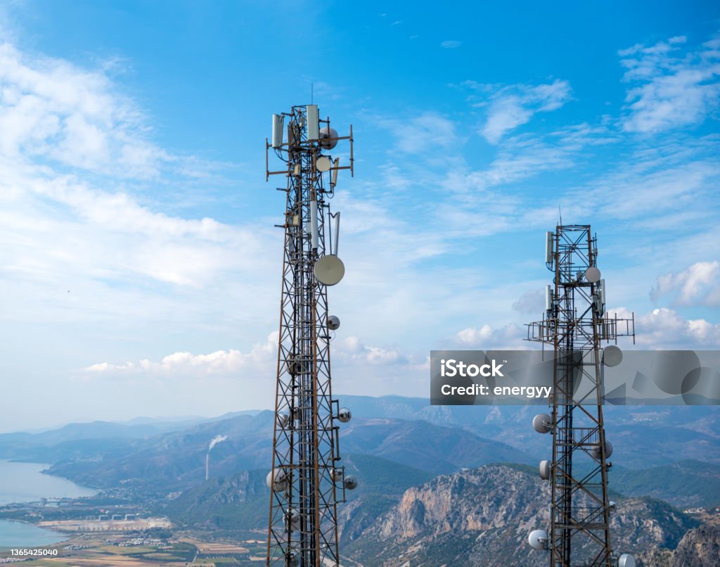 Cell phone or mobile service towers Telecommunications Equipment Stock Photo