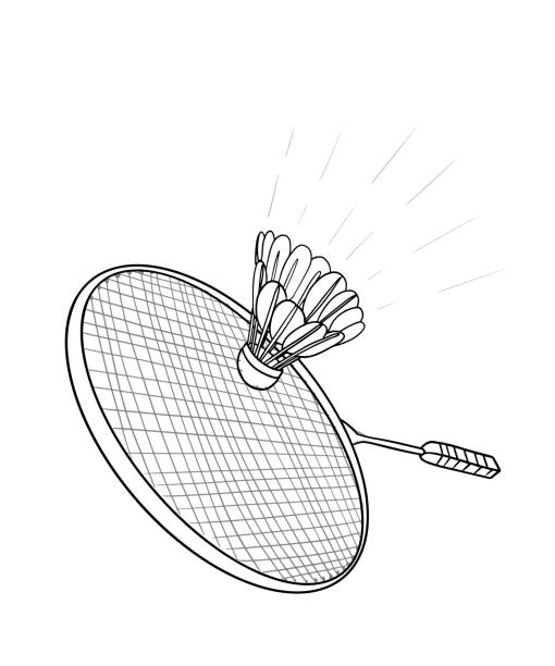 handgezogener badmintonschläger und federball. vektorabbildung von ausrüstungen für den badminton-spielsport. - silhouette tennis competitive sport traditional sport stock-grafiken, -clipart, -cartoons und -symbole