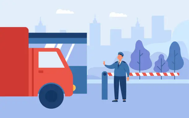 Vector illustration of Security check of car in front of parking gate