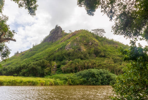 scenic tropical landscape near wailua river and kamokila hawaiian village on kauai island - hawaii islands tropical climate mountain residential structure imagens e fotografias de stock