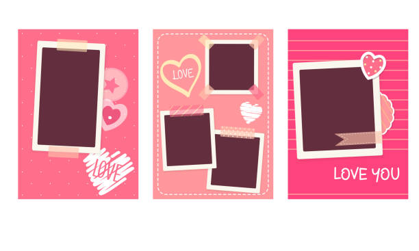 Set of Valentine vintage backgrounds with retro photos, sticker and labels Set of Valentine vintage backgrounds with retro photos, sticker and labels. Mock up template. Copy space for text. Collection of Valentine's day card for holiday or scrapbooking design. Vector EPS 10 book heart shape valentines day copy space stock illustrations