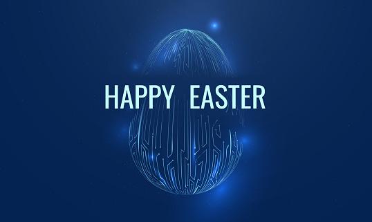 Easter egg in tech futuristic style. Greeting card with abstract 3d egg with circuit board texture. Glowing digital vector illustration