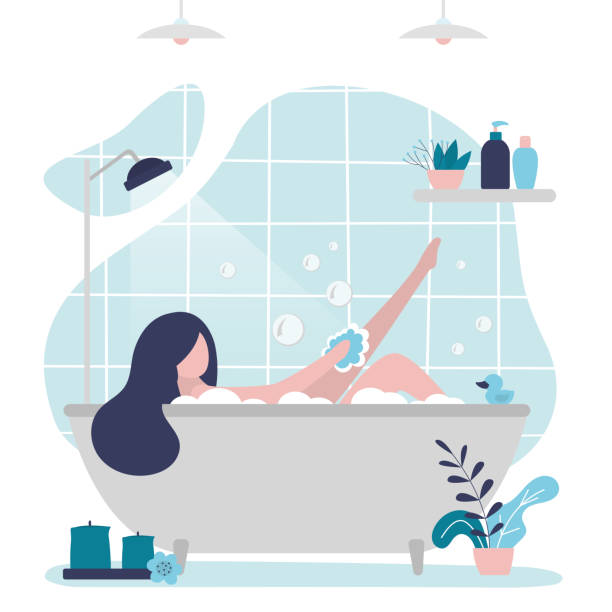 편안한 목욕을 복용 여성 캐릭터. 귀여운 여자는 수건으로 다리를 문질러. 소녀는 거품 목욕에 거짓말 - bathtub stock illustrations
