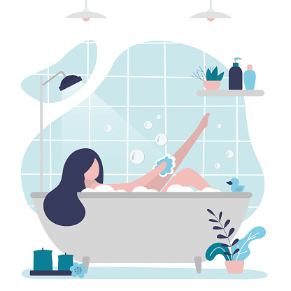 Female character taking relaxing bath. Cute woman rubs leg with washcloth. Girl lies in bubble bath