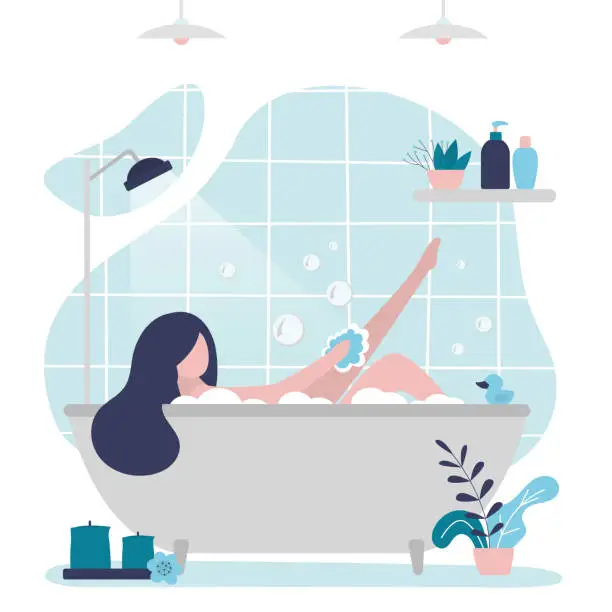 Vector illustration of Female character taking relaxing bath. Cute woman rubs leg with washcloth. Girl lies in bubble bath