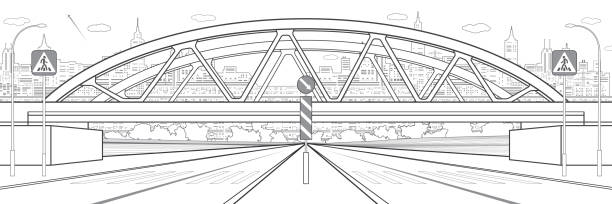 istock Black outline city Infrastructure and transport illustration. Railroad bridge. Modern town on white background. Urban scene. Vector design art 1365428368