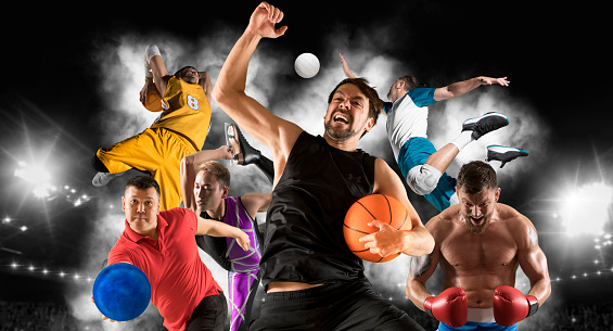 Sport collage. Basketball, figure skating, bowling, volleyball, boxing and bowling player on dark sky background. Concept of sport, movement, energy, healthy lifestyle