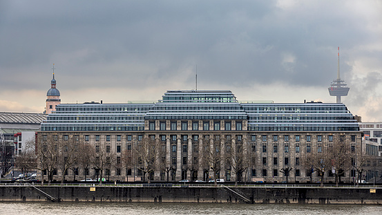 Cologne, Germany - Jan 18th 2022: European Union Aviation Safety Agency (EASA) building is located in Cologne, Germany, in proximity of world famous cathedral.