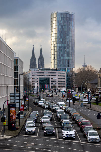 Cologne, Germany - Jan 18th 2022: Köln Triangle and Cologne Cathedral are two landmarks dominating city skyline.