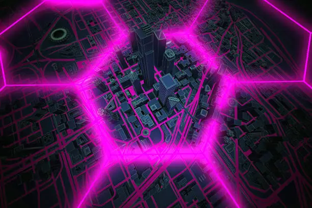 Photo of neon hexagon wire shape over dark city above view