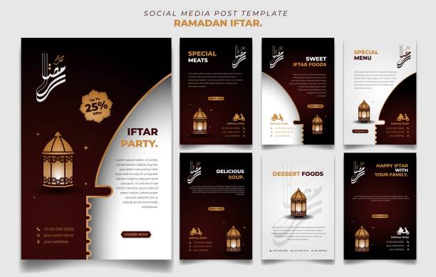 Set of social media post template in Red, white and gold background with lantern design. Iftar mean is breakfasting. Set of social media post template in Red, white and gold background with lantern design. portrait background design. Iftar mean is breakfasting. social media template with islamic background design flyposting illustrations stock illustrations